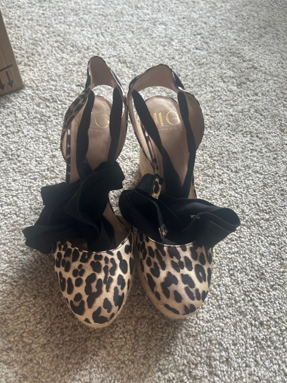 Jennifer Lopez Leopard Espadrille Wedges with Black Bows